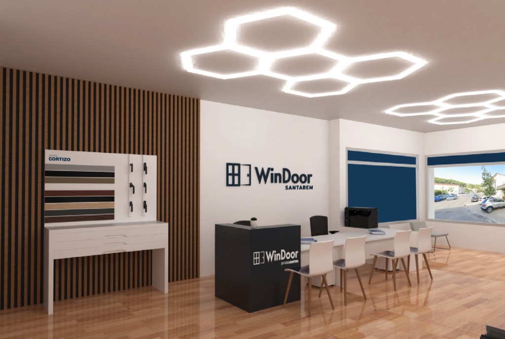 Projeto da receção com amostras Cortizo e a marca WinDoor Santarém